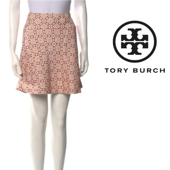 Tory Burch Skirt Neutrals & Orange Printed Zip Pockets Zip Closure M US6